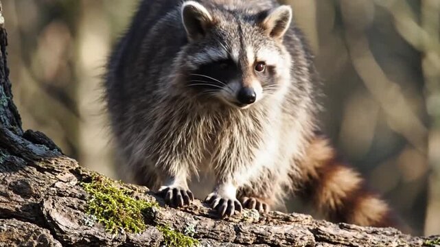 A charming wild animal, identified by its distinctive facial mask and fluffy gray fur, is captured in a close-up, perched firmly on a mossy tree branch within a natural woodland environment. Its curio