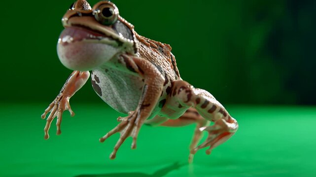 Frog jumping on a vibrant green surface captured in mid-air in a natural outdoor setting