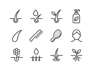Hair Growth Icons. Hair growth. Line icon set of Hair growth: strand, droplet, leaf, bottle, aloe, comb, brush, scalp, flower, water drop, root, sprout. All