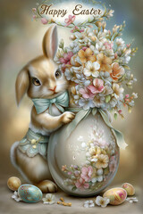 Easter card illustration whimsical bunny rabbit with floral  egg. Soft pastel watercolors.