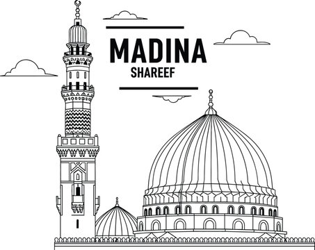 Madina Shareef vector line art illustration featuring a detailed mosque dome minaret and clouds on a white background.