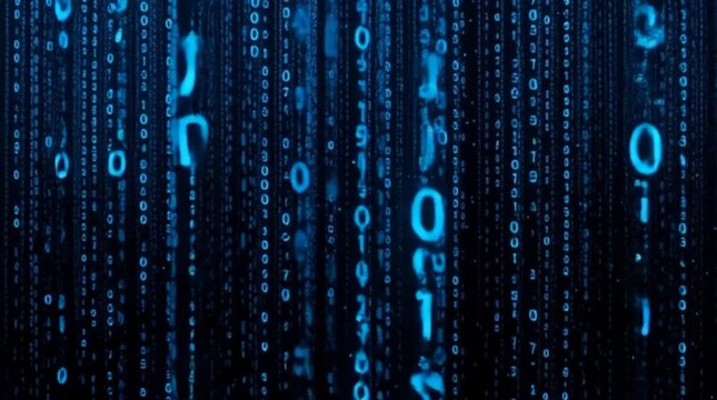 Falling digital numbers rain &mdash; blue binary code animation falling vertically, cyber data stream background, futuristic matrix style technology loop video for hacking, coding and cyberspace design
