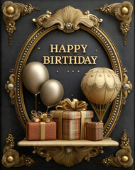 Luxurious birthday card illustration with golden balloons and elegant gift boxes on a dark background for high-end celebrations and anniversary party invitations.