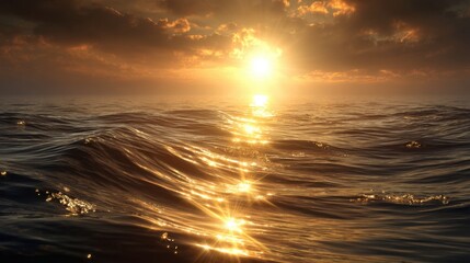 Gentle ocean waves reflecting golden sunset serene coastline nature photography tranquil atmosphere wide-angle view peaceful concept