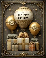 An opulent birthday celebration card design, hot air balloons and gifts, ornate vintage aesthetic with rich gold and cream tones. 