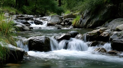 Fototapeta premium Gentle river flowing over rocks nature scene in tranquil forest high-resolution water splashing environment peaceful viewpoint