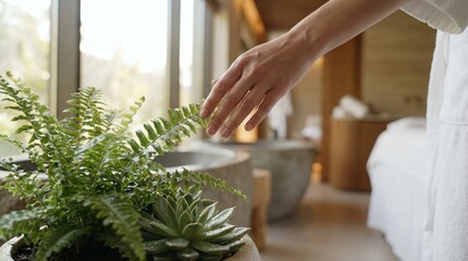 Close-up of person gently touching fresh spa greenery in bright luxury wellness interior, calm nature connection and premium spa mood