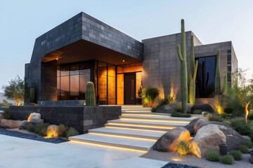 Modern luxury desert home with illuminated floating stairs indigenous cacti landscaping and contemporary geometric architecture at dusk.