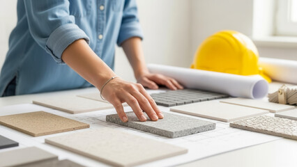 Caucasian woman selecting terrazzo stone sample on worktable with architectural blueprints, interior design and material choice in professional setting