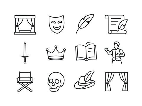 Shakespeare Icon Set. Actors rehearsing a scene from a Shakespearean play. Line icon set of Actors rehearsing a scene from a Shakespearean play: stage, mask,
