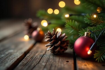 Warm string lights illuminate pine cones & ornaments on rustic wood Festive Christmas scene , rustic christmas decor, texture, christmas backdrop