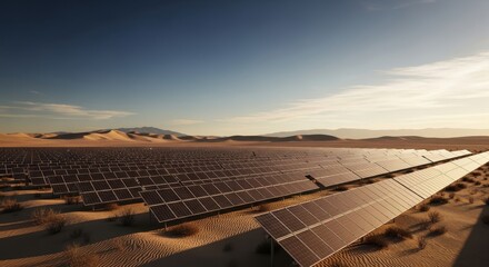 Expansive solar panels capturing sunlight in a vast desert landscape for renewable energy generation
