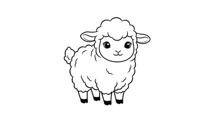 A charming black and white illustration presents a fluffy lamb with a sweet smile perfect for children's designs educational materials and springtime themes