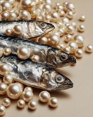 Sardines arranged across a lustrous cream pearls. The fish display beautiful natural striped patterns on their metallic scales. Neutral background.