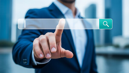 Professional businessman's hand points directly at a holographic search bar, symbolizing digital information access and online data discovery in a modern cityscape