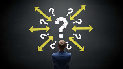 A person contemplating multiple choices and pathways, symbolized by a large question mark surrounded by yellow arrows pointing in different directions