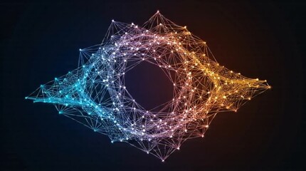 Futuristic particle network ring animation — blue orange digital connections forming abstract circular energy loop, sci-fi tech background, flowing data mesh motion graphics for music visualizer and V - Powered by Adobe