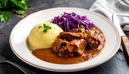 Hearty Goulash with Dumplings and Red Cabbage.
