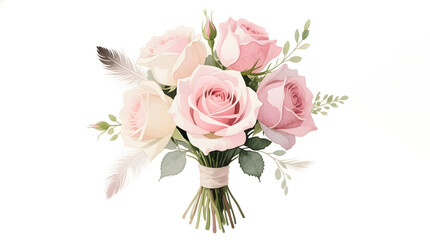 Elegant wedding bouquet of blush pink roses, hand-painted in delicate watercolor with fine brush strokes.