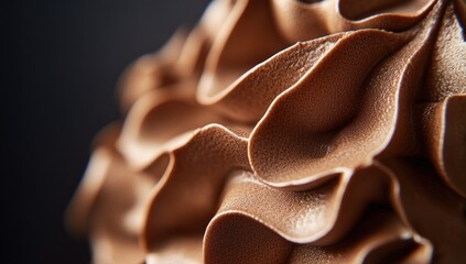 Macro close-up of textured chocolate mousse swirls, rich brown dessert frosting detail.