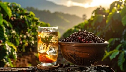 Refreshing Cold Brew Coffee Drink with Roasted Beans on a Coffee Plantation.