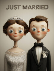 Quirky cartoon illustration of a just married couple for wedding card design with bride and groom.