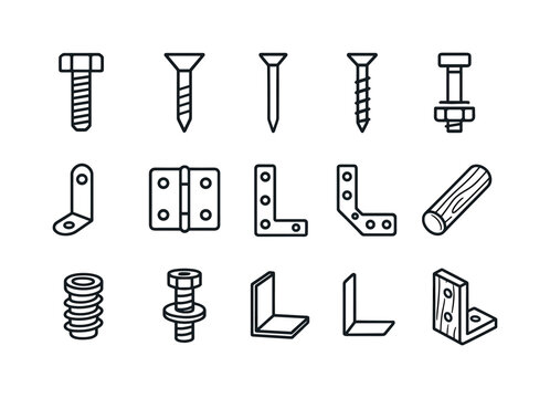 Wood and Metal Icons. Wood and Metal Hardware. Line icon set of Wood and Metal Hardware: hex bolt, flat screw, carpenter nail, wood screw, bracket mount, hinge