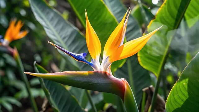 A vibrant Bird of Paradise flower in tropical foliage with sunlight highlighting its colorful petals and blue accents
