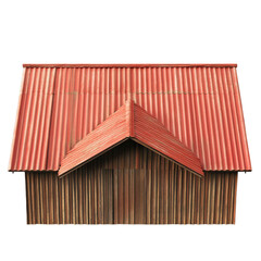 House with a red metal roof stands made of wood in a rural area during daylight hours with no people around