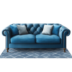 A blue sofa with two light pillows is placed on a geometric rug in a living room. The setting is well lit and inviting