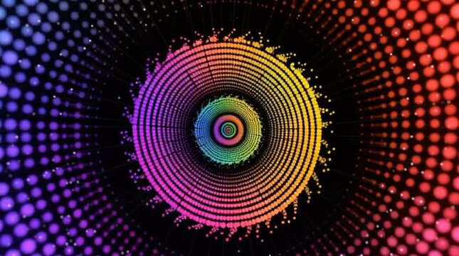 Colorful concentric circle vortex &mdash; hypnotic rainbow tunnel with glowing particles, seamless psychedelic loop for music visualizers, VJ backgrounds, parties, festivals and abstract motion graphics