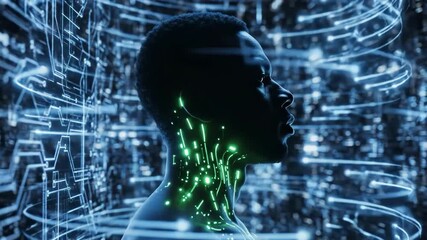 Profile of african american man in digital blue light network - Powered by Adobe