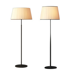Two floor lamps stand in a room. Each lamp has a tall base and a light-colored shade at the top