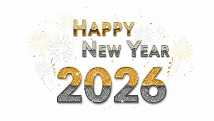 Gold and silver glitter Happy New Year 2026, PNG with alpha channel