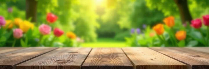 Clean wood surface, soft-focus garden backdrop, window, wooden, space