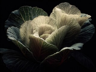 Obraz premium cabbage leaves with detailed veins and natural imperfections, dark background