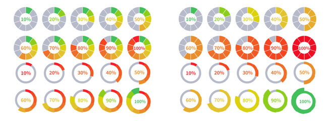 Percentage infographics in red color. Circle loading and circle progress collection. Set of circle percentage diagrams for infographics 0 10 20 30 40 50 60 70 80 90 100 percent in red green color.
