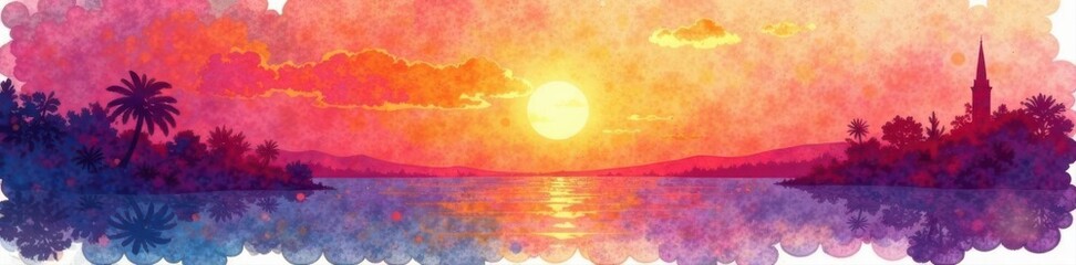 Vibrant sunset watercolor wash, textured border , painting, watercolor, whimsical