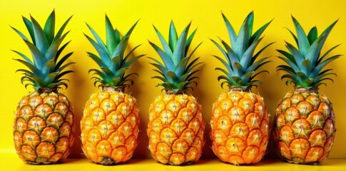 Vibrant yellow backdrop, colorful painted pineapples , holiday, still life, summer