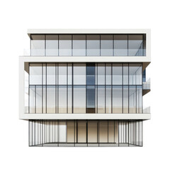 A building features large glass windows and clean lines in a city setting under clear sky