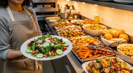 Person holding a plate of fresh salad at a restaurant buffet with various food options
