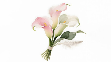 Minimalist wedding bouquet of white calla lilies, hand-painted in a refined watercolor style with high realism.