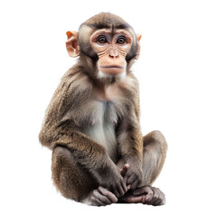 Monkey sits calmly, looking around in a simple space during daytime hours