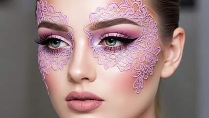 Elegant lace makeup art featuring delicate pink lace designs on a woman's face, complemented by soft pink and purple eye makeup with a clean background and copy space
