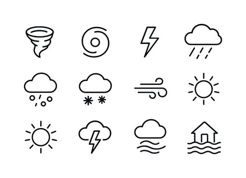 Dangerous Weather Icons. Dangerous weather. Line icon set of dangerous weather: tornado icon, hurricane icon, lightning bolt, heavy rain, hail icon, blizzard