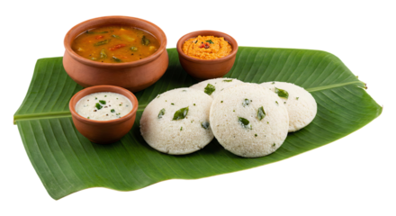 Steamed Rice Cakes Idli Served with Hot Sambar and Spicy Chutneys on a Banana Leaf Platter