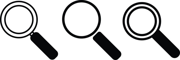 black magnifying glass icon set search zoom symbol minimalist vector design isolated on white background.