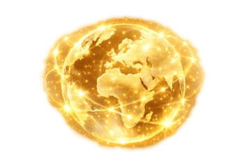 Golden glowing earth globe showing global connection and digital global network communication concept, transparent background
