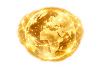 Golden glowing earth globe showing global connection and digital global network communication concept, transparent background
