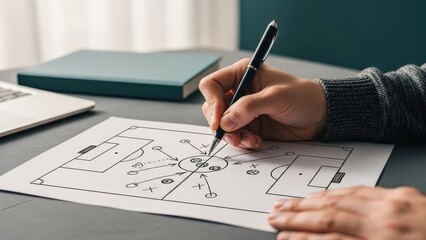 Hand meticulously sketches detailed soccer tactic on paper, planning a strategic sports play with focus and precision
